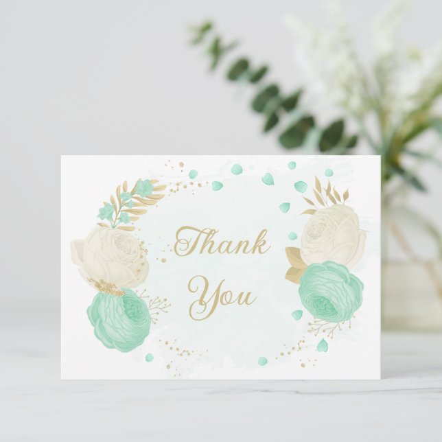 mint green &white flowers gold floral wedding thank you card (Standing Front)