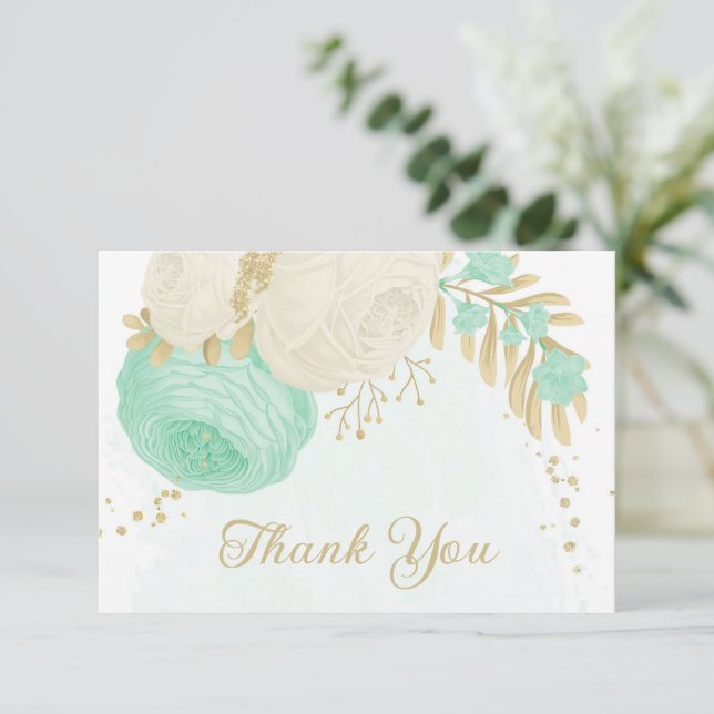 mint green &white flowers gold floral wedding thank you card (Standing Front)