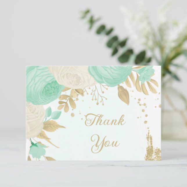 mint green &white flowers gold floral wedding thank you card (Standing Front)