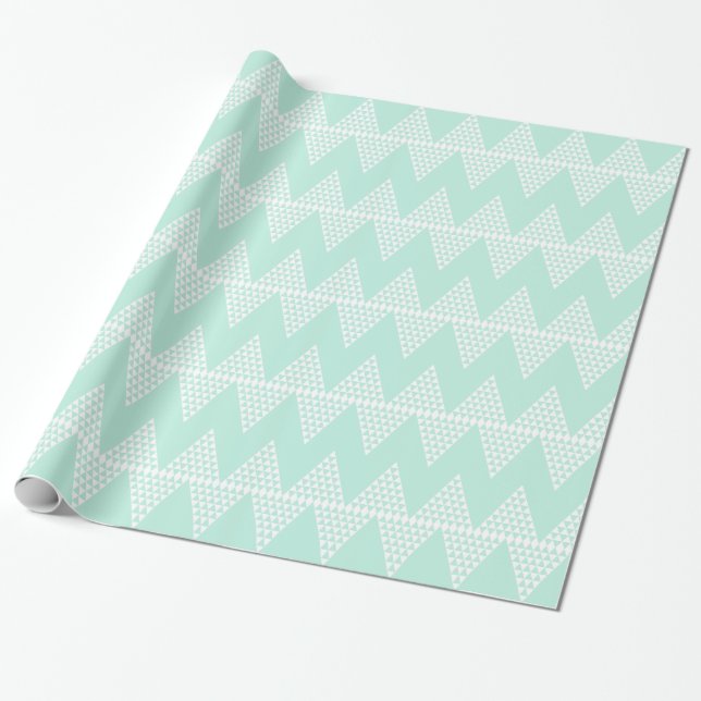 Mint Green White Geometric Chevron Pattern Wrapping Paper (Unrolled)