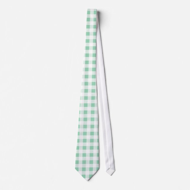 Mint Green White Gingham Pattern Tie (Front)