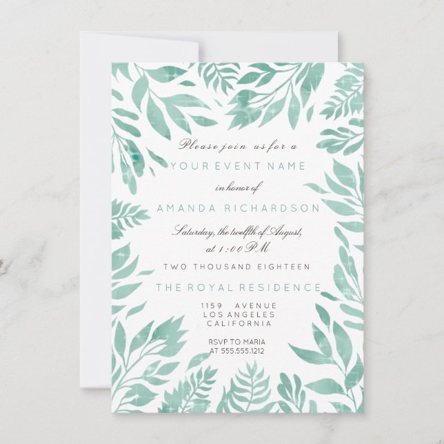 Mint Green White Glitter Leafs Floral Frame Invitation (Front)