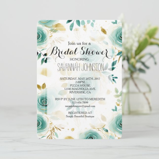 Mint Green White Gold Rose Bridal Shower Invitation (Standing Front)