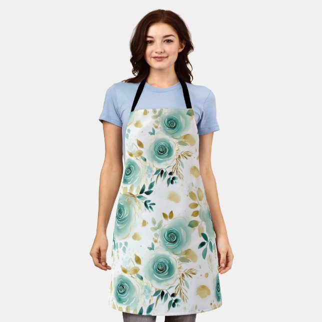 Mint Green White Gold Rose Floral Apron (Worn)