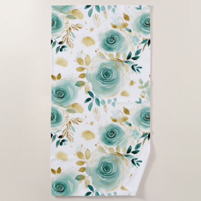 Mint Green White Gold Rose Floral Beach Towel (Front)