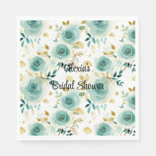 Mint Green White Gold Rose Floral Bridal Shower Napkin