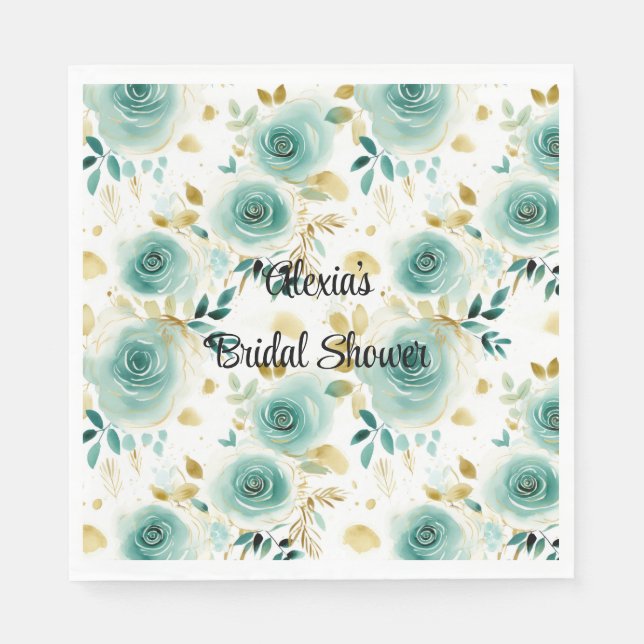 Mint Green White Gold Rose Floral Bridal Shower Napkin (Front)