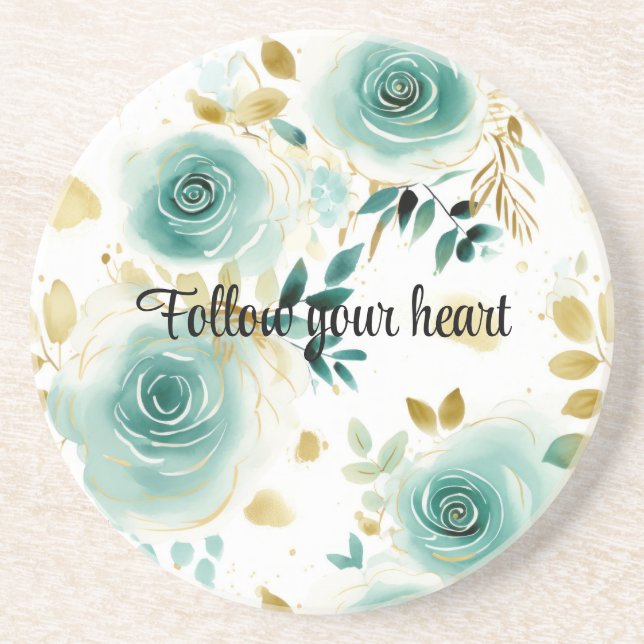 Mint Green White Gold Rose Floral Coaster (Front)