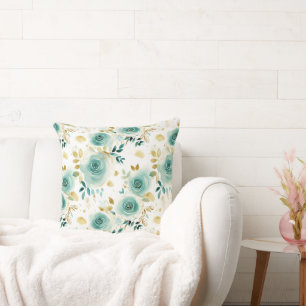 Mint Green White Gold Rose Floral Cushion