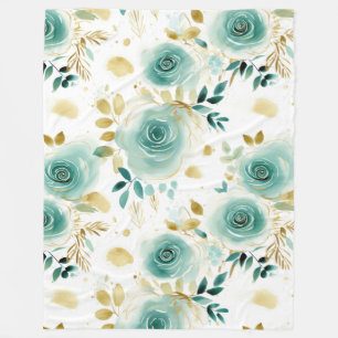 Mint Green White Gold Rose Floral Fleece Blanket