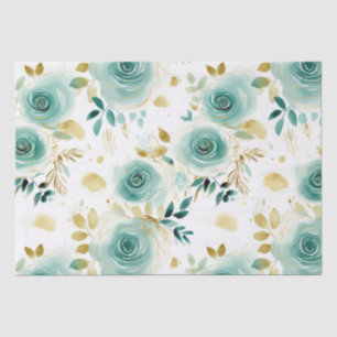 Mint Green White Gold Rose Floral Tissue Paper