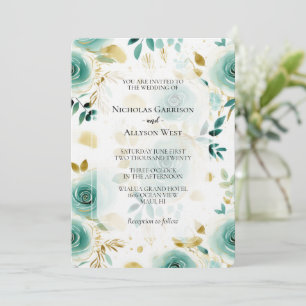 Mint Green White Gold Rose Wedding Invitation