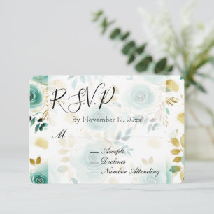 Mint Green White Gold Rose Wedding RSVP Enclosure Card