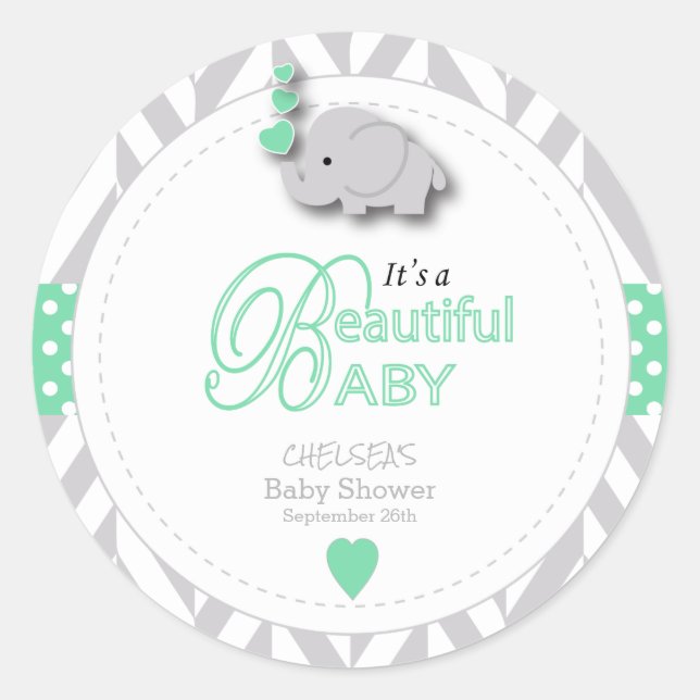 Mint Green, White Grey Elephant Baby Shower Classic Round Sticker (Front)