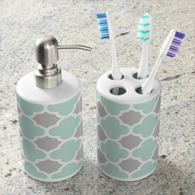 Mint Green White Grey Quatrefoil Pattern Soap Dispenser And Toothbrush Holder (Front)