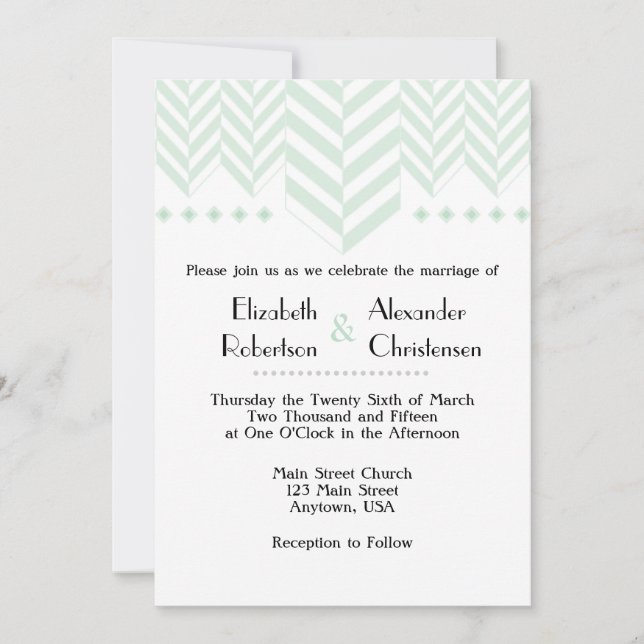 Mint Green White Herringbone Wedding Invitation (Front)