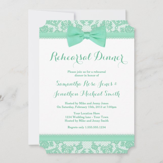 Mint Green & White Lace Bow Rehearsal Dinner Invitation (Front)