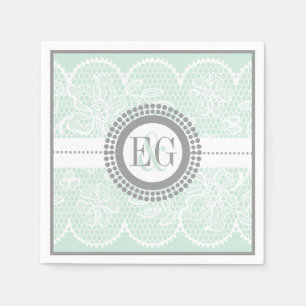 Mint green, white lace pattern wedding napkin