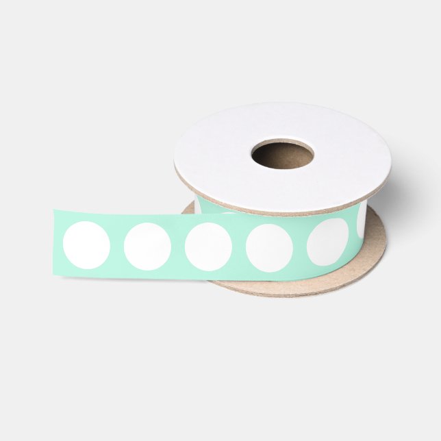 mint green white large polka dot satin ribbon (Spool)