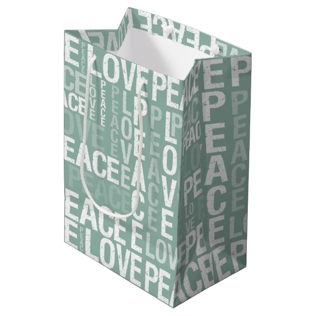 Mint Green White Peace Love Christmas Medium Gift Bag (Front Angled)