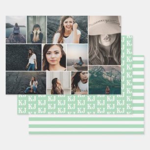 Mint Green White Photo Collage Monogram Wrapping Paper Sheet