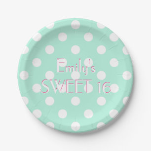 Mint green white polka dot paper plate