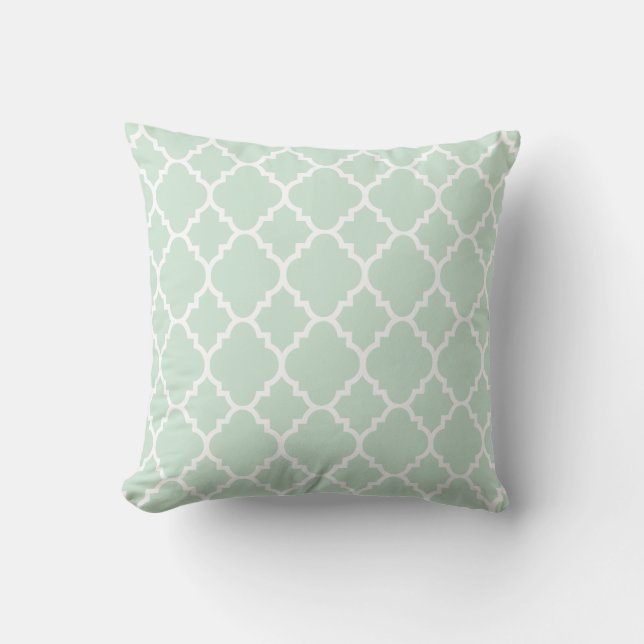 Mint Green White Quatrefoil Moroccan Pattern Cushion (Front)