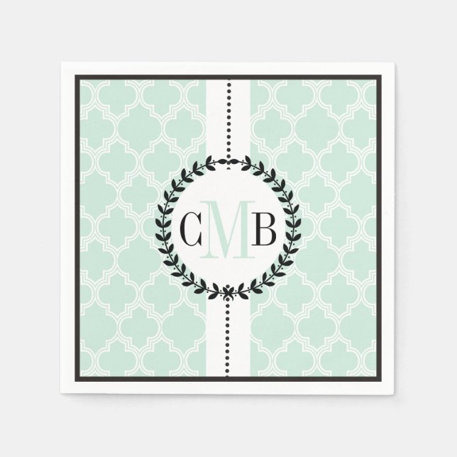 Mint green, white quatrefoil pattern wedding napkin (Front)