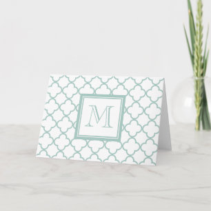 Mint Green, White Quatrefoil   Your Monogram Note Card