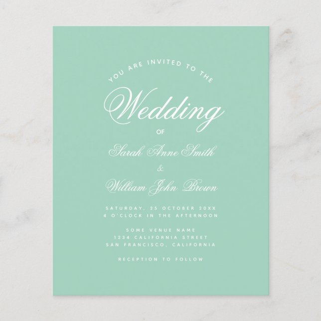 Mint Green White Script Budget Wedding Invitation (Front)