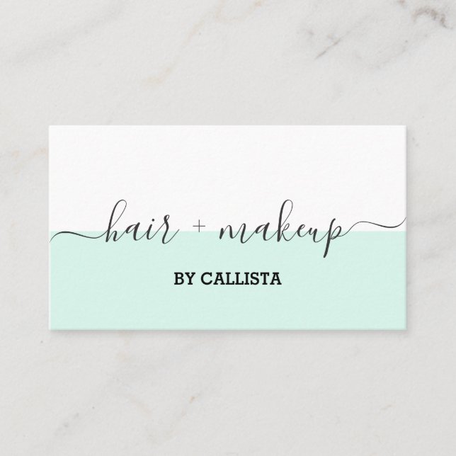 Mint Green White Script Hair Makeup Business Card (Front)