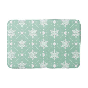 Mint Green White Snowflakes Christmas Pattern Bath Mat