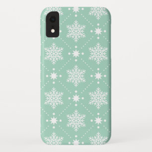 Mint Green White Snowflakes Christmas Pattern iPhone XR Case