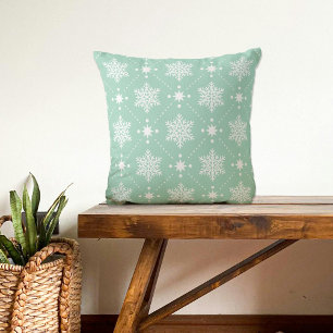 Mint Green White Snowflakes Christmas Pattern Cushion