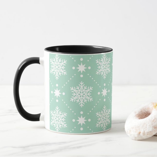 Mint Green White Snowflakes Christmas Pattern Mug (With Donut)