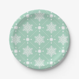 Mint Green White Snowflakes Christmas Pattern Paper Plate
