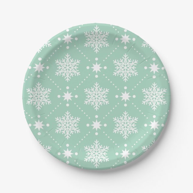 Mint Green White Snowflakes Christmas Pattern Paper Plate (Front)