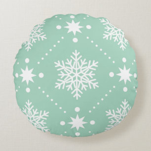 Mint Green White Snowflakes Christmas Pattern Round Cushion