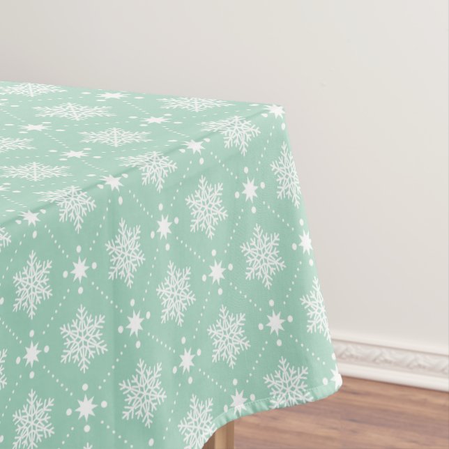 Mint Green White Snowflakes Christmas Pattern Tablecloth (In Situ)