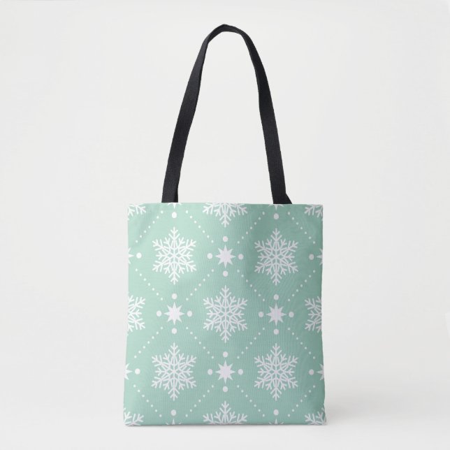 Mint Green White Snowflakes Christmas Pattern Tote Bag (Front)