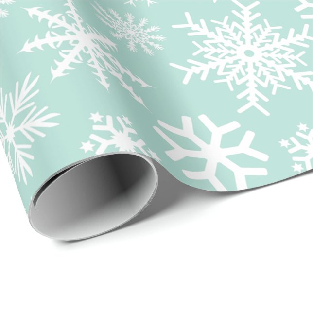 Mint Green White Snowflakes Wrapping Paper (Roll Corner)