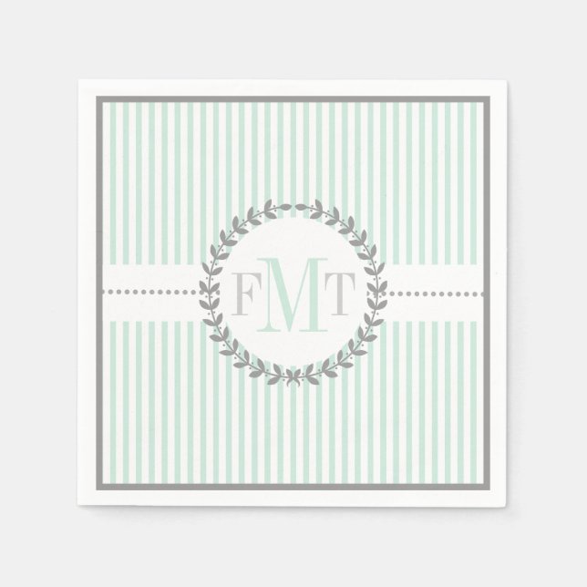 Mint green, white striped pattern wedding napkin (Front)