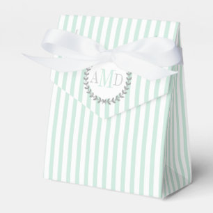 Mint green, white stripes monogram wedding favour box