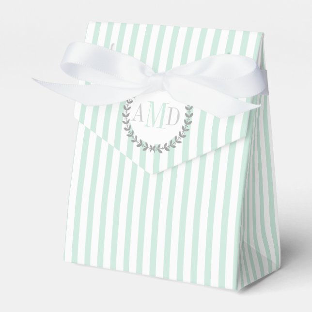 Mint green, white stripes monogram wedding favour box (Front Side)