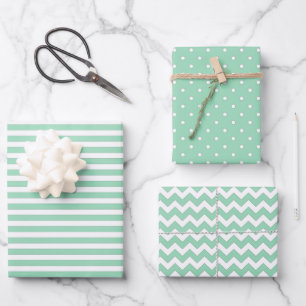 Mint Green & White Stripes Polka Dot Chevron  Wrapping Paper Sheet