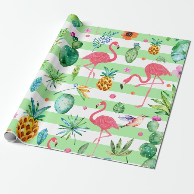 Mint-Green & White Tropical Flowers & Flamingos Wrapping Paper (Unrolled)