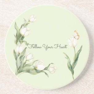 Mint Green White Tulips Butterfly Coaster