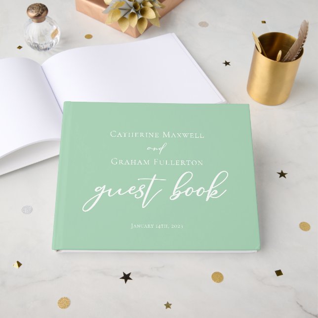 Mint Green White Typography Personalised Wedding Guest Book (Front Open)