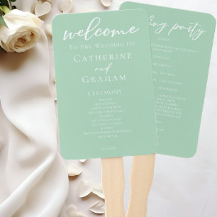 Mint Green White Typography Wedding Program Hand Fan