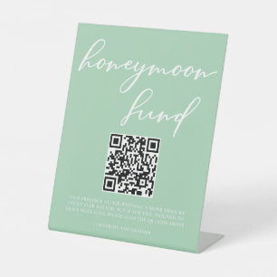 Mint Green White Wedding Honeymoon Fund QR Code Pedestal Sign